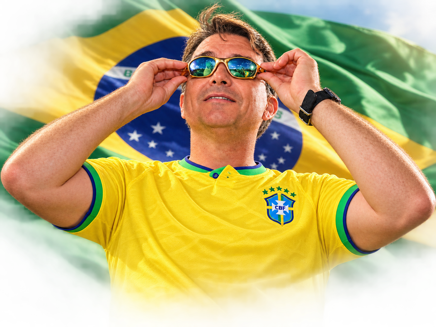 Pessoa com camisa do Brasil diante da bandeira nacional